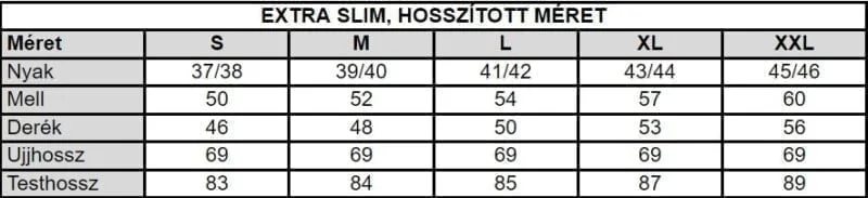 K.William extra Slim Fit hosszított ujjú ing méret tábla