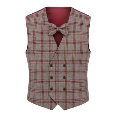 MNZ Black mellény enyhén karcsúsított (modern fit) szürke-borvörös kockás 2 soros