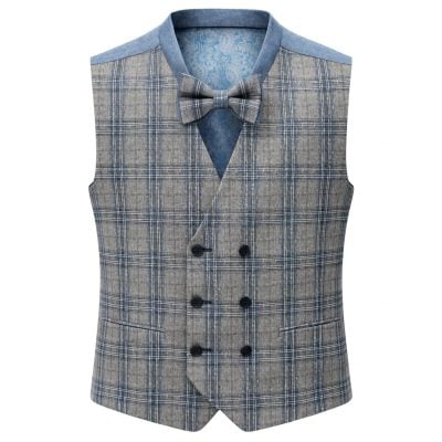 MNZ Black mellény enyhén karcsúsított (modern fit) szürke-kék kockás 2 soros