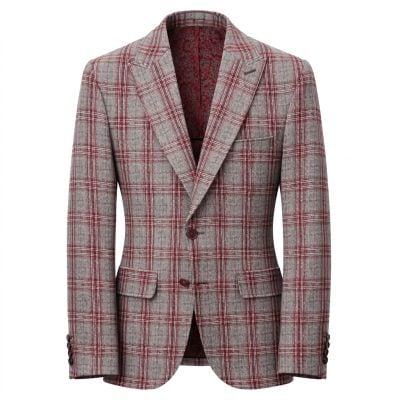 MNZ Black zakó karcsúsított (slim fit) szürke-borvörös kockás