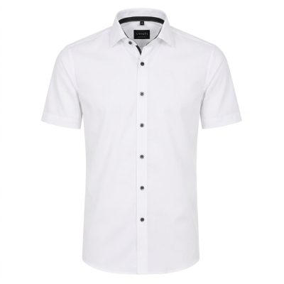 Venti rövid ujjú ing enyhén karcsúsított (modern fit) fehér sötétkék gombos, vasalásmentes ; gallérban sötétkék csík